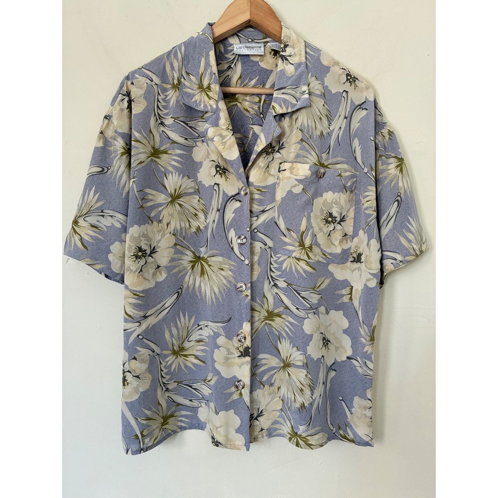 Liz Claiborne Collection Vintage 100% Silk Floral Camp Shirt Blue Women 12